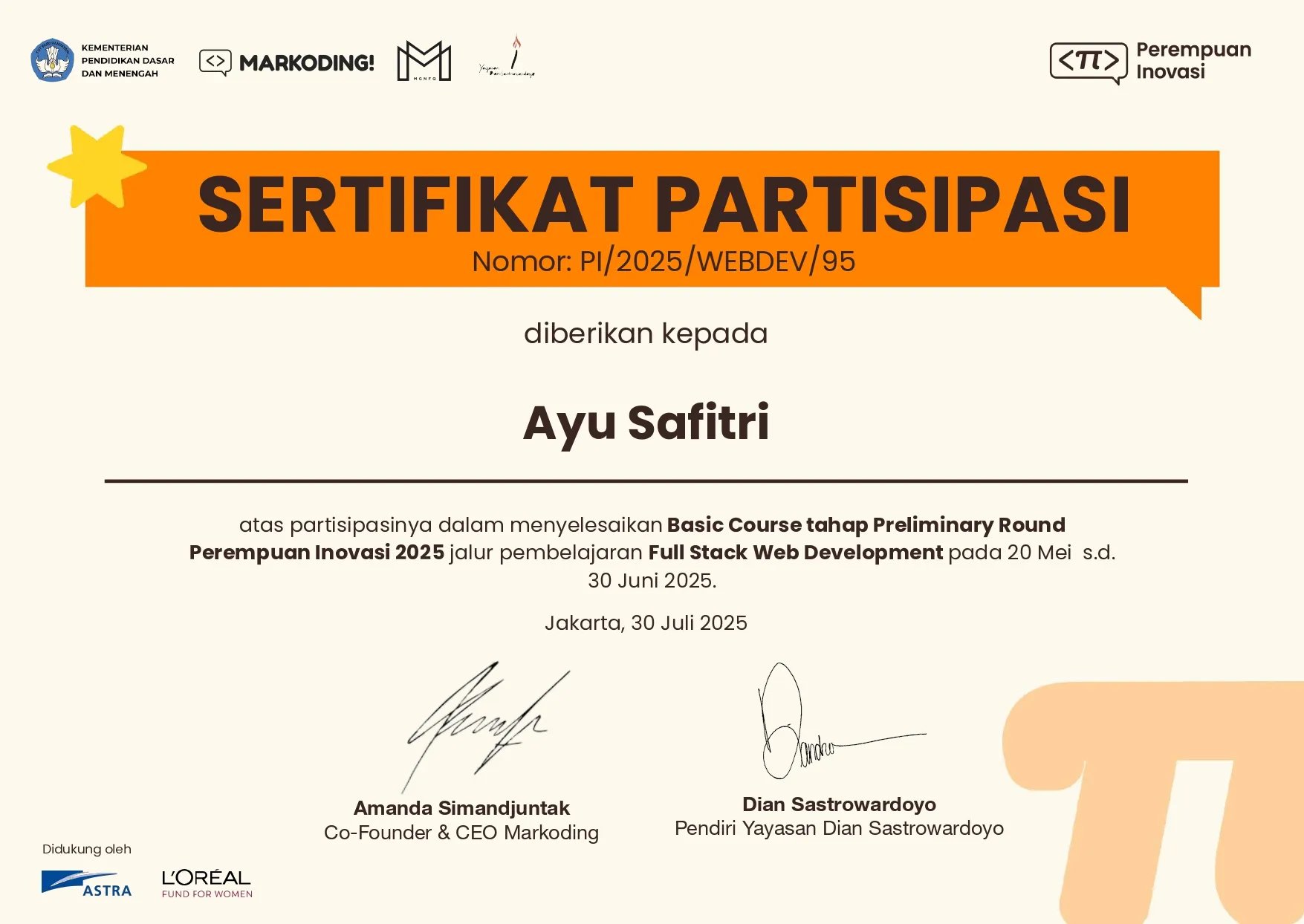 Certificate for Basic Course Preliminary Round — Full Stack Web Development