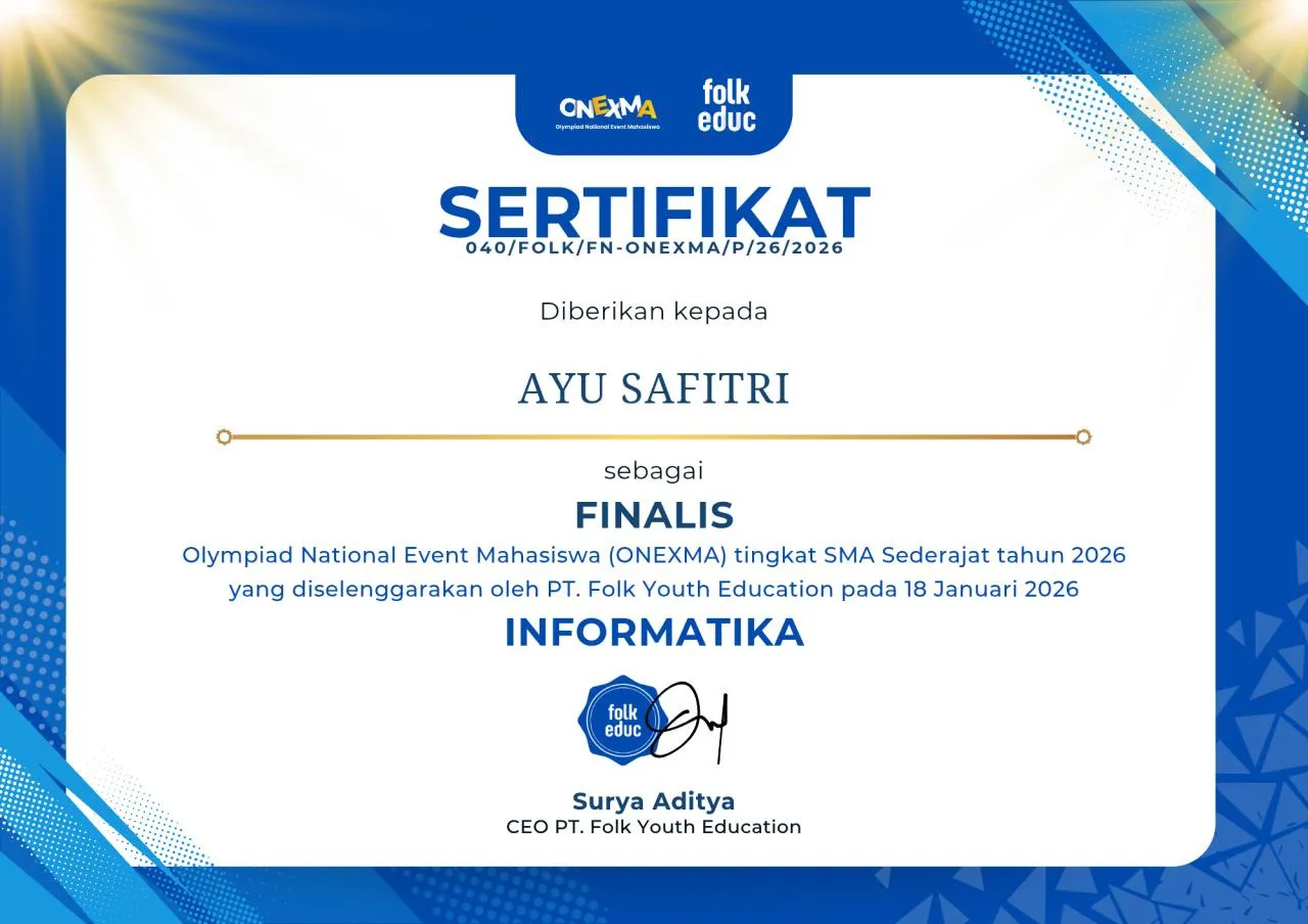 Certificate for Finalist — Olympiad National Event Mahasiswa ONEXMA Informatics Competition