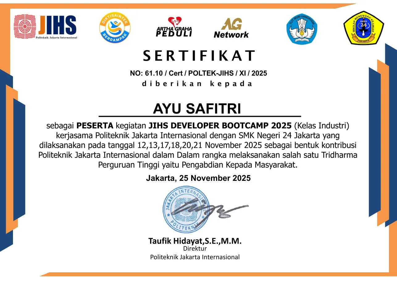 Certificate for JIHS Developer Bootcamp 2025