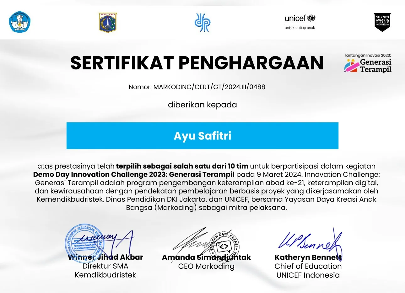 Certificate for Top 10 Team — Demo Day Innovation Challenge Generasi Terampil 2023